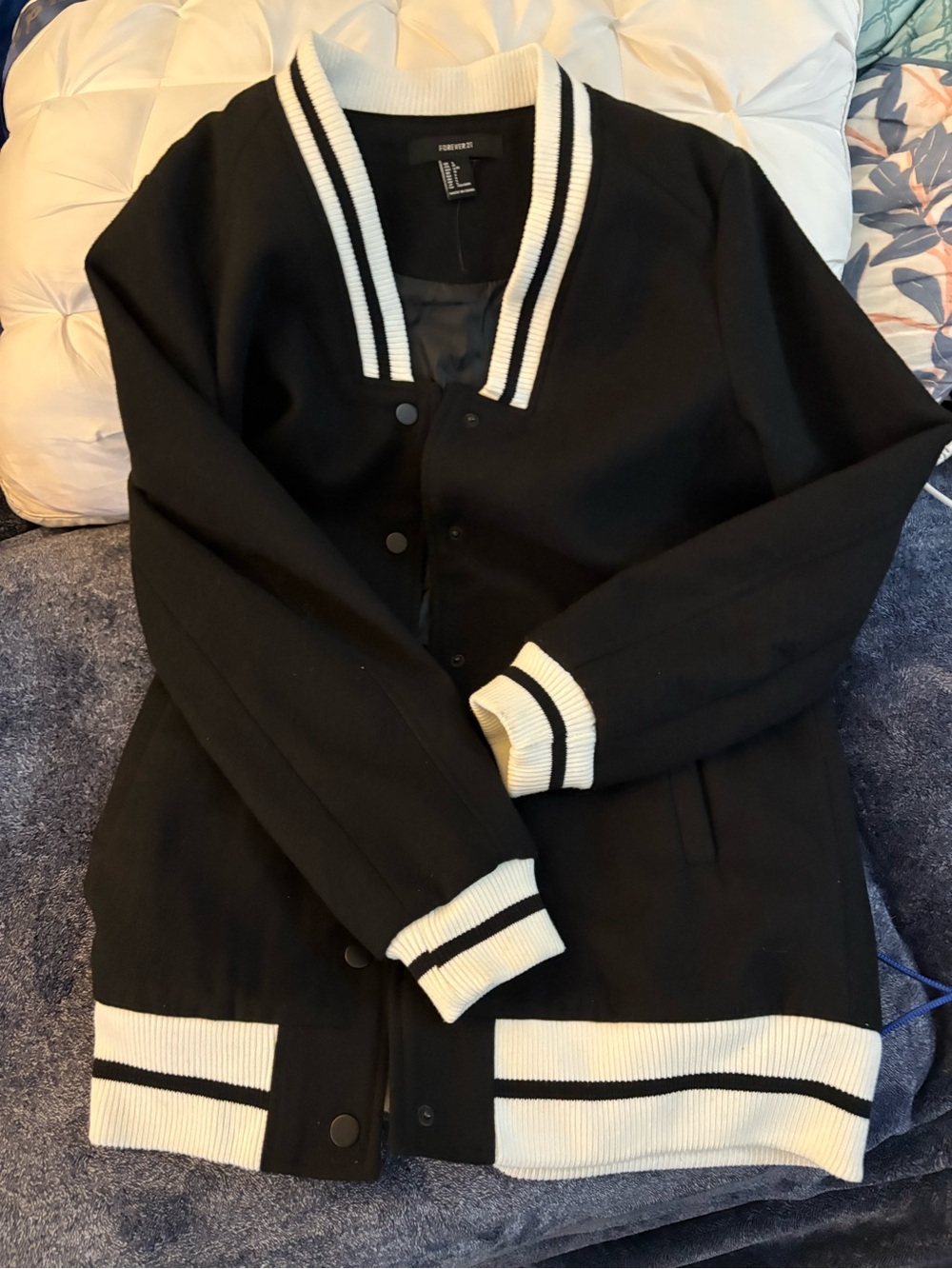 Forever 21 Black Varsity Jacket with White Trim
